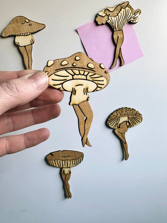Mushroom Ladies Wooden Magnets - Faux Theory Design
