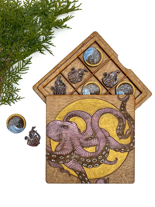 Octopus and Waves | Wooden Tic-Tac-Toe Game - Faux Theory Design
