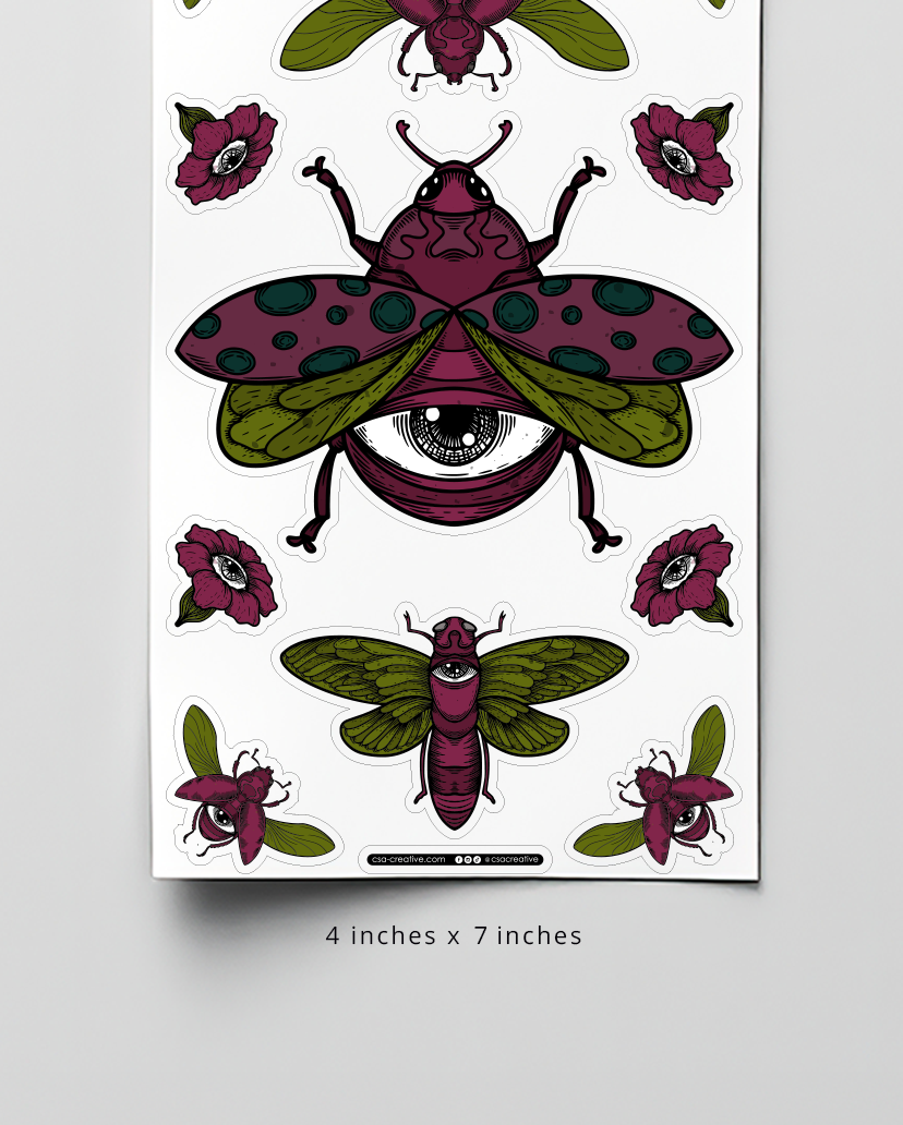 Eye-Blooms & Beetles 4"x7" Sticker Sheet