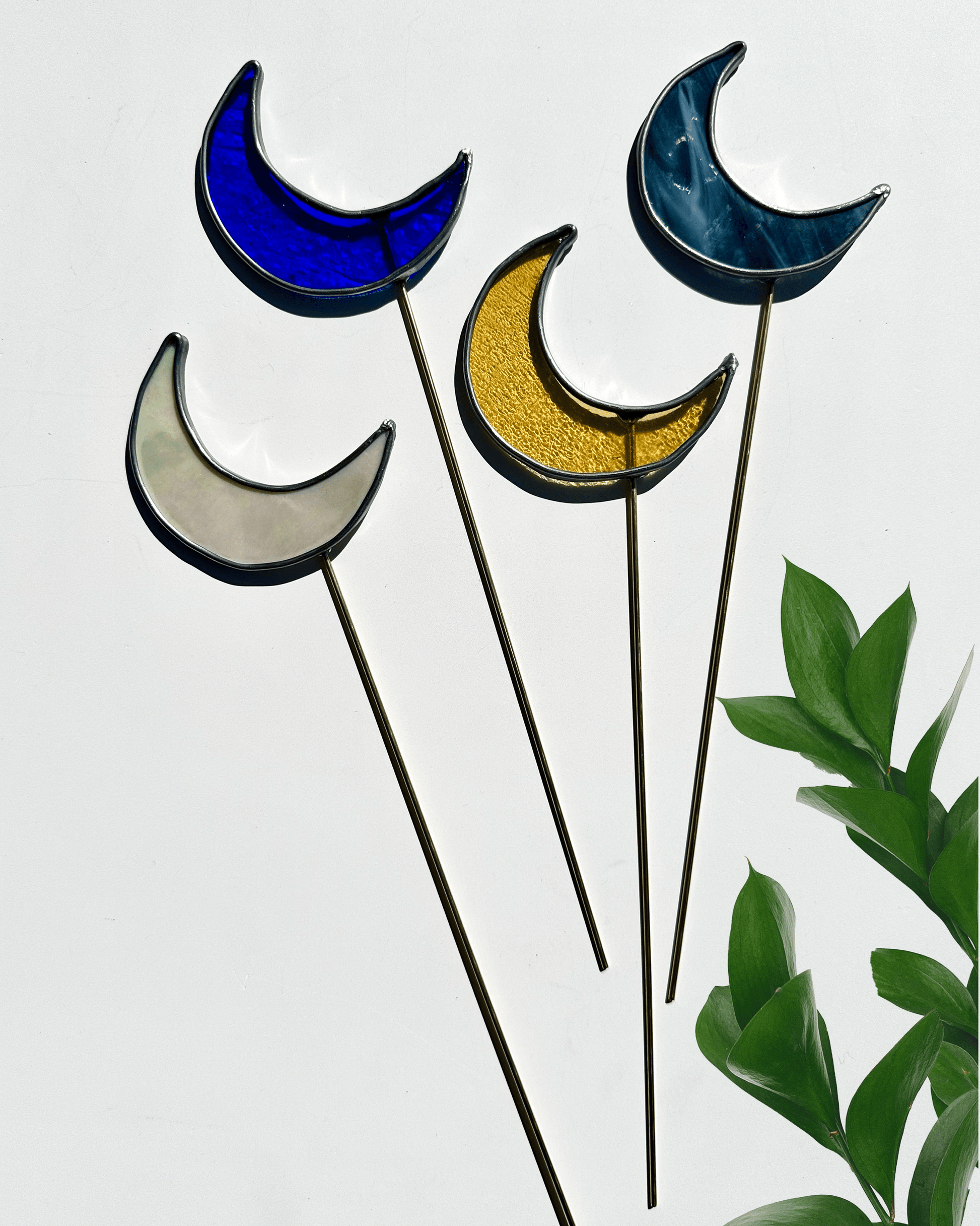 Crescent Moon Stained Glass Plant Stakes - Faux Theory Design