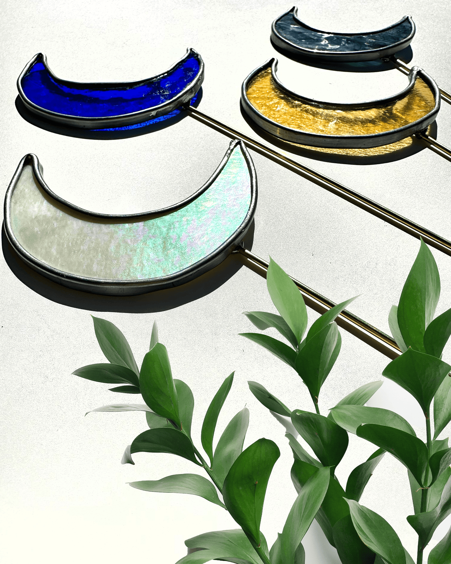 Crescent Moon Stained Glass Plant Stakes - Faux Theory Design