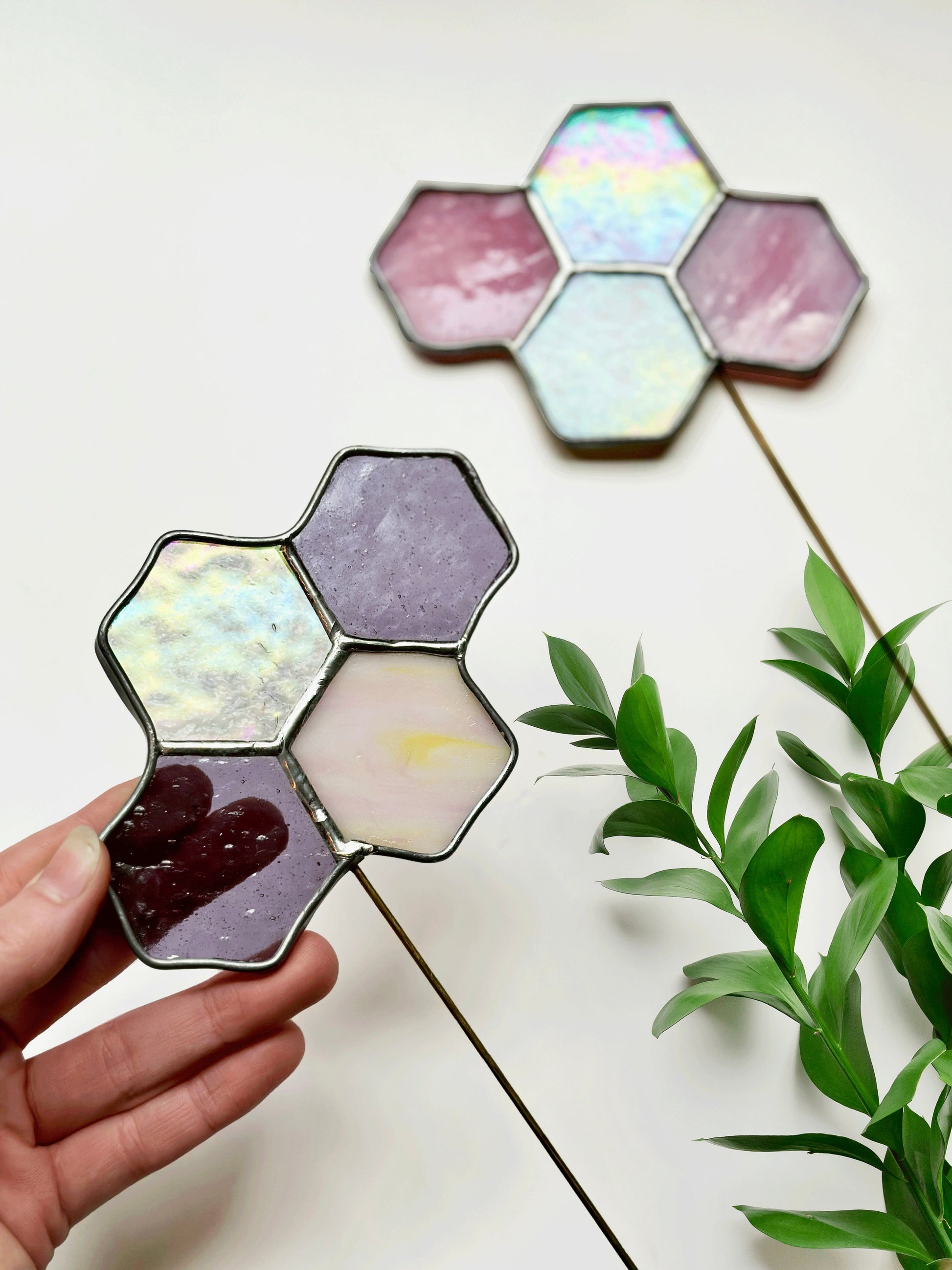 Honeycomb Stained Glass Plant Stakes - Faux Theory Design