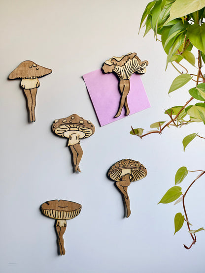 Mushroom Ladies Wooden Magnets - Faux Theory Design
