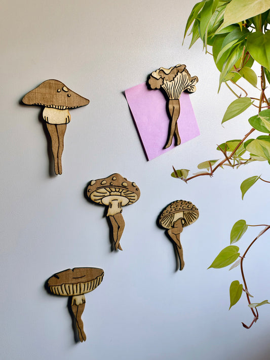 Mushroom Ladies Wooden Magnets - Faux Theory Design
