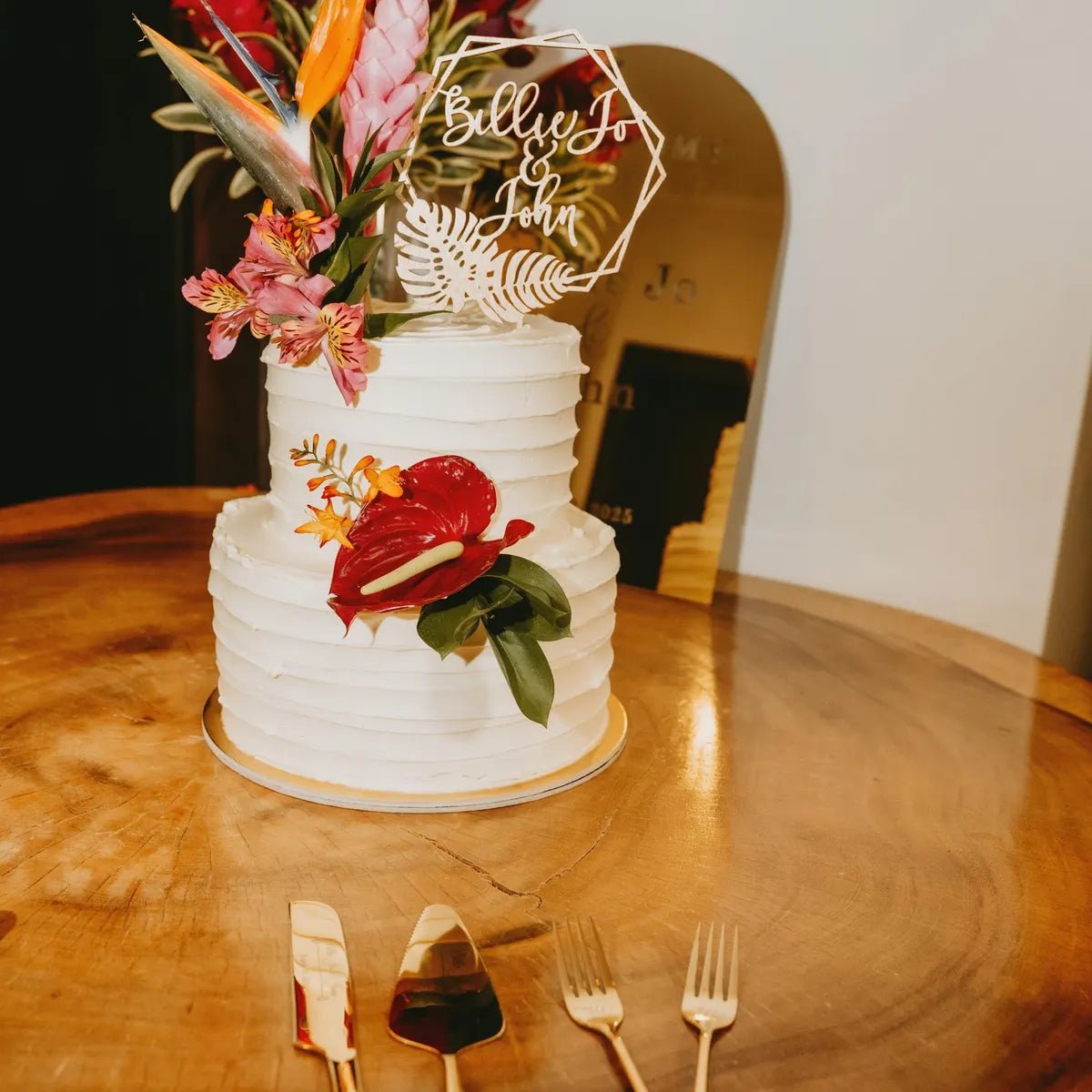 Personalized Tropical Wedding Cake Topper - Faux Theory Design