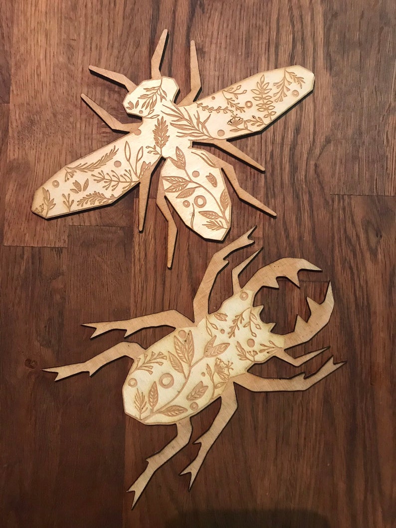 Floral Natural Wood Insect Garland - Beetle, Bee, Cicada - Faux Theory Design