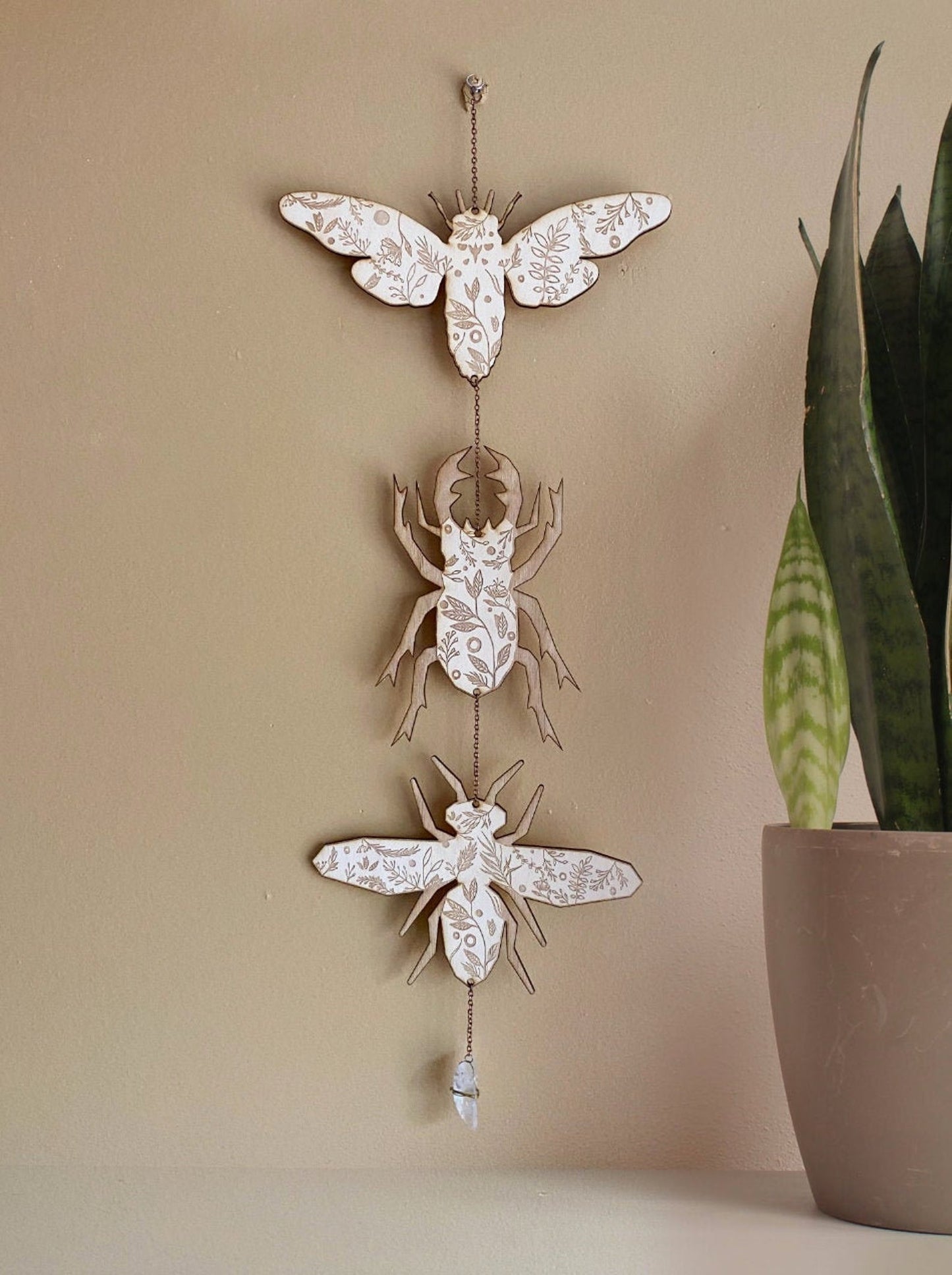 Floral Natural Wood Insect Garland - Beetle, Bee, Cicada - Faux Theory Design