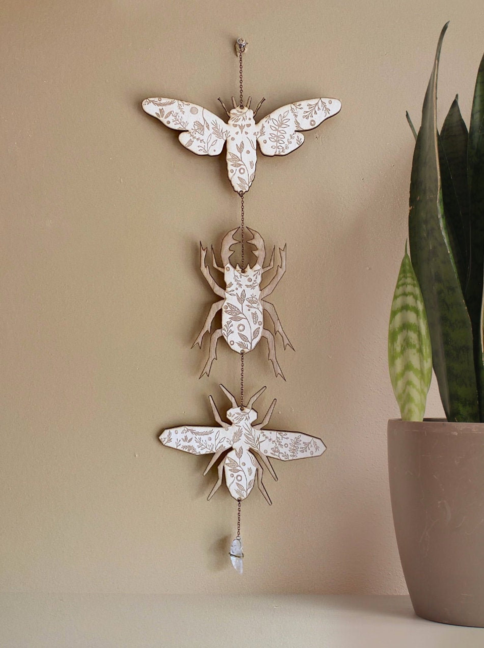 Floral Natural Wood Insect Garland - Beetle, Bee, Cicada - Faux Theory Design