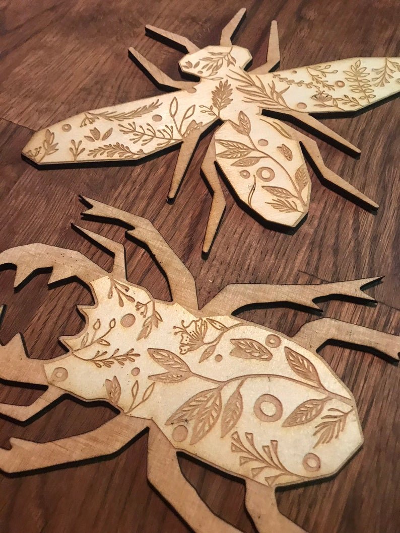 Floral Natural Wood Insect Garland - Beetle, Bee, Cicada - Faux Theory Design