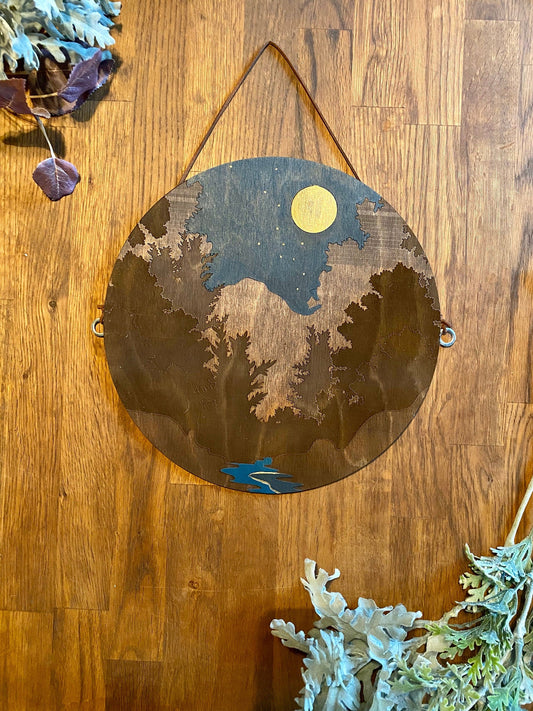 Night Sky with Golden Moon Over Forest Wall Art
