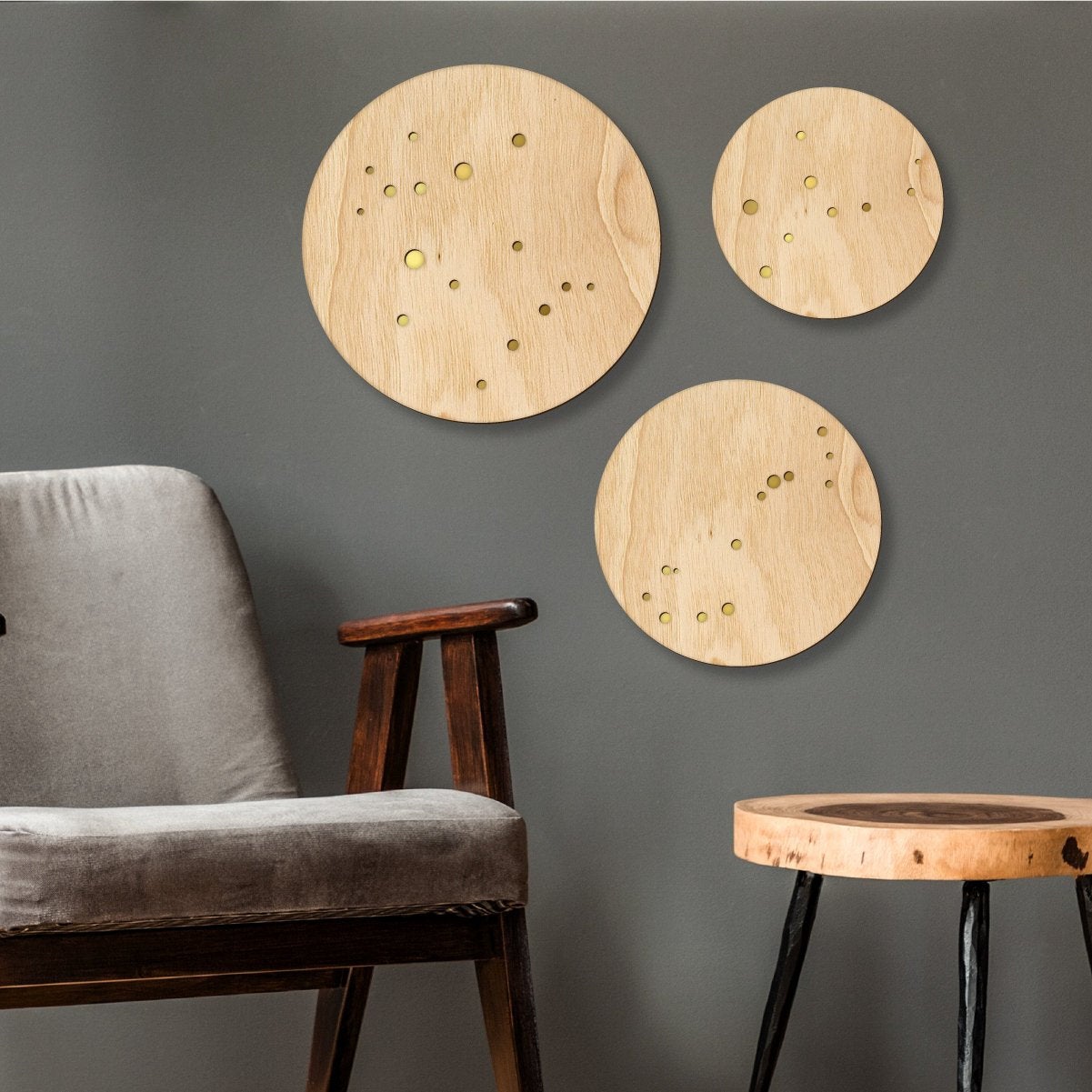 Light Wood Zodiac Wall Hanging, Gold Inlay