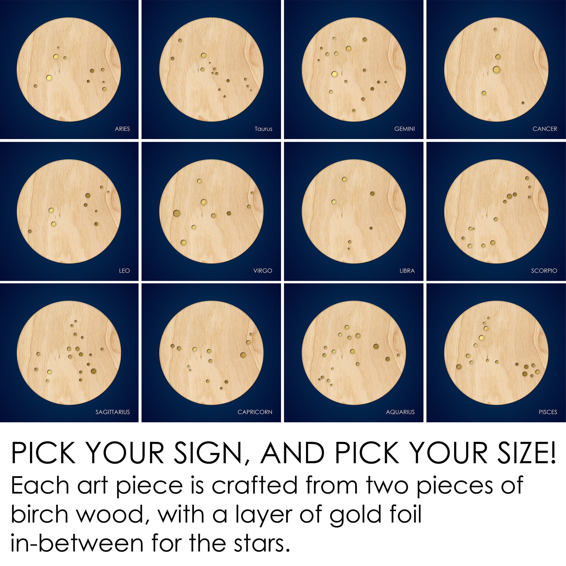 Light Wood Zodiac Wall Hanging, Gold Inlay - Faux Theory Design