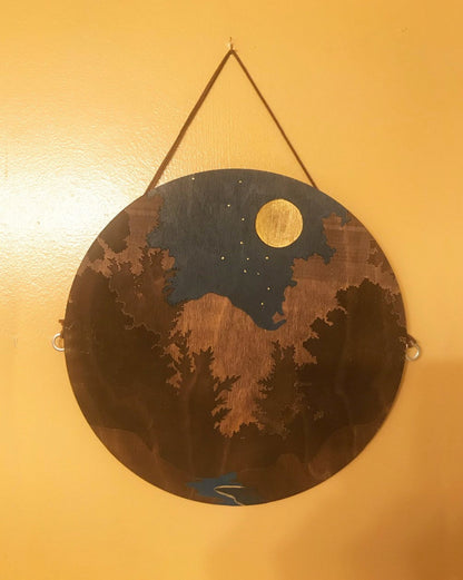 Night Sky with Golden Moon Over Forest Wall Art - Faux Theory Design