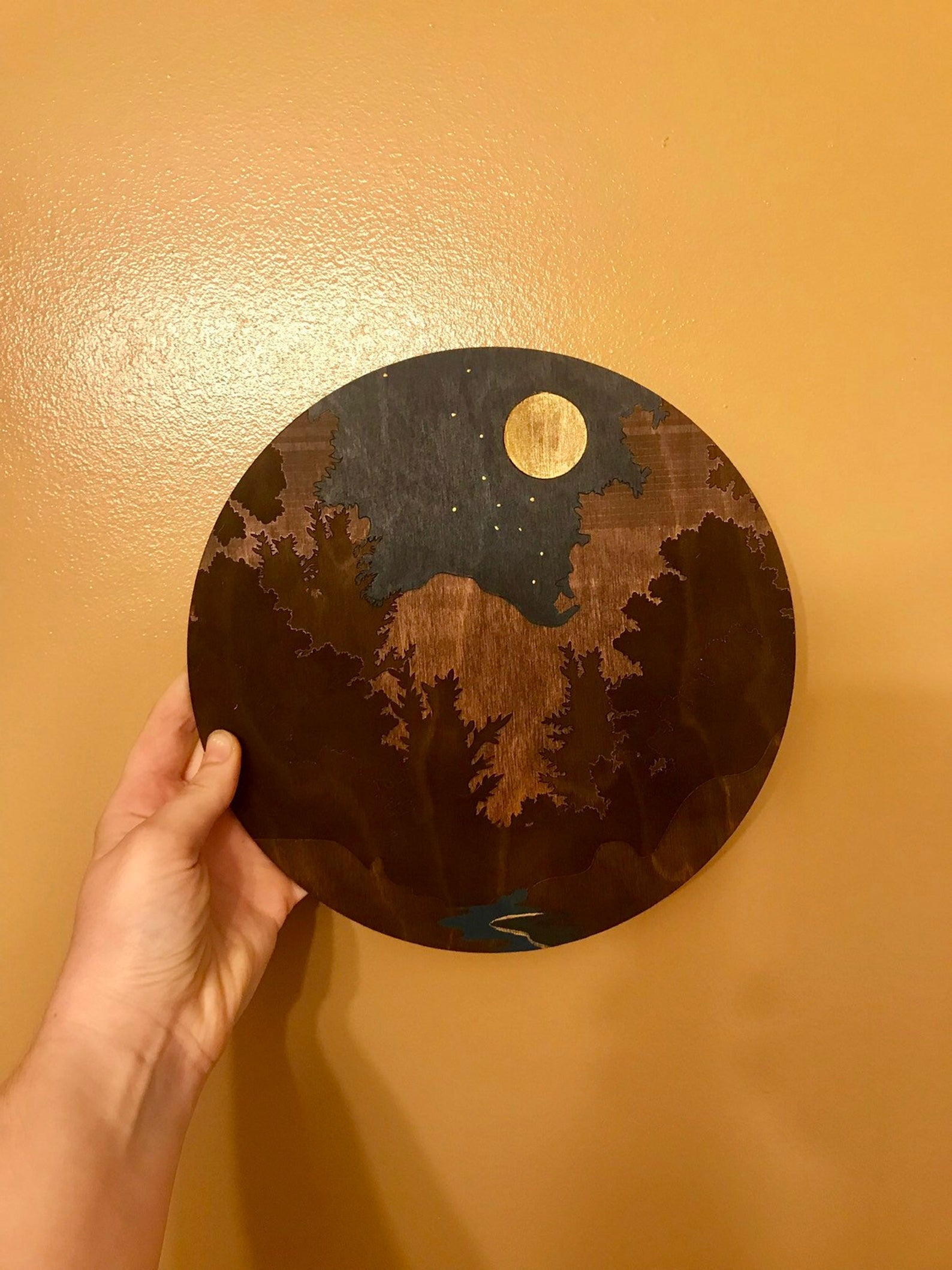 Night Sky with Golden Moon Over Forest Wall Art - Faux Theory Design