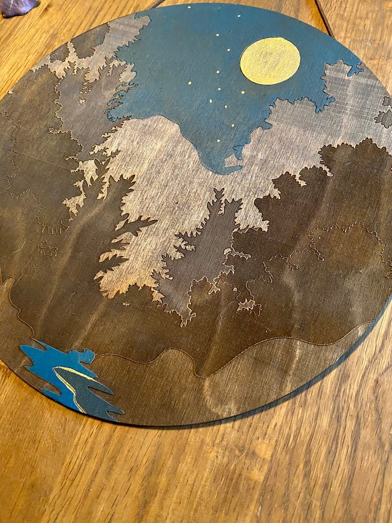 Night Sky with Golden Moon Over Forest Wall Art - Faux Theory Design