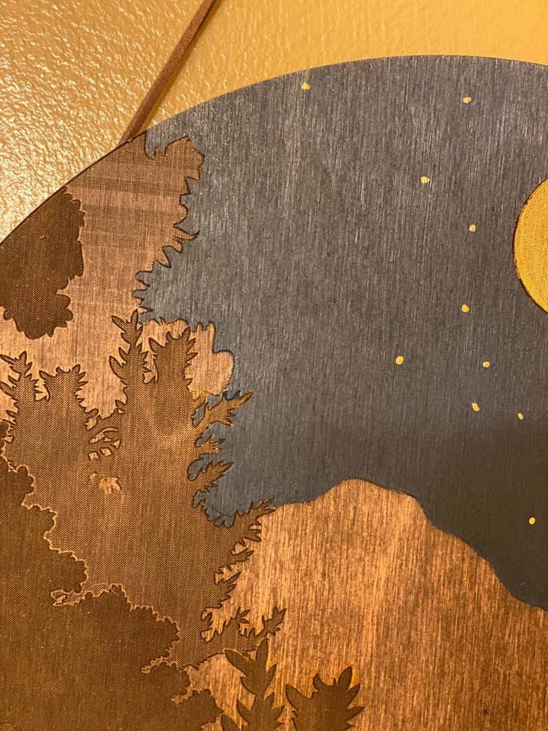 Night Sky with Golden Moon Over Forest Wall Art - Faux Theory Design