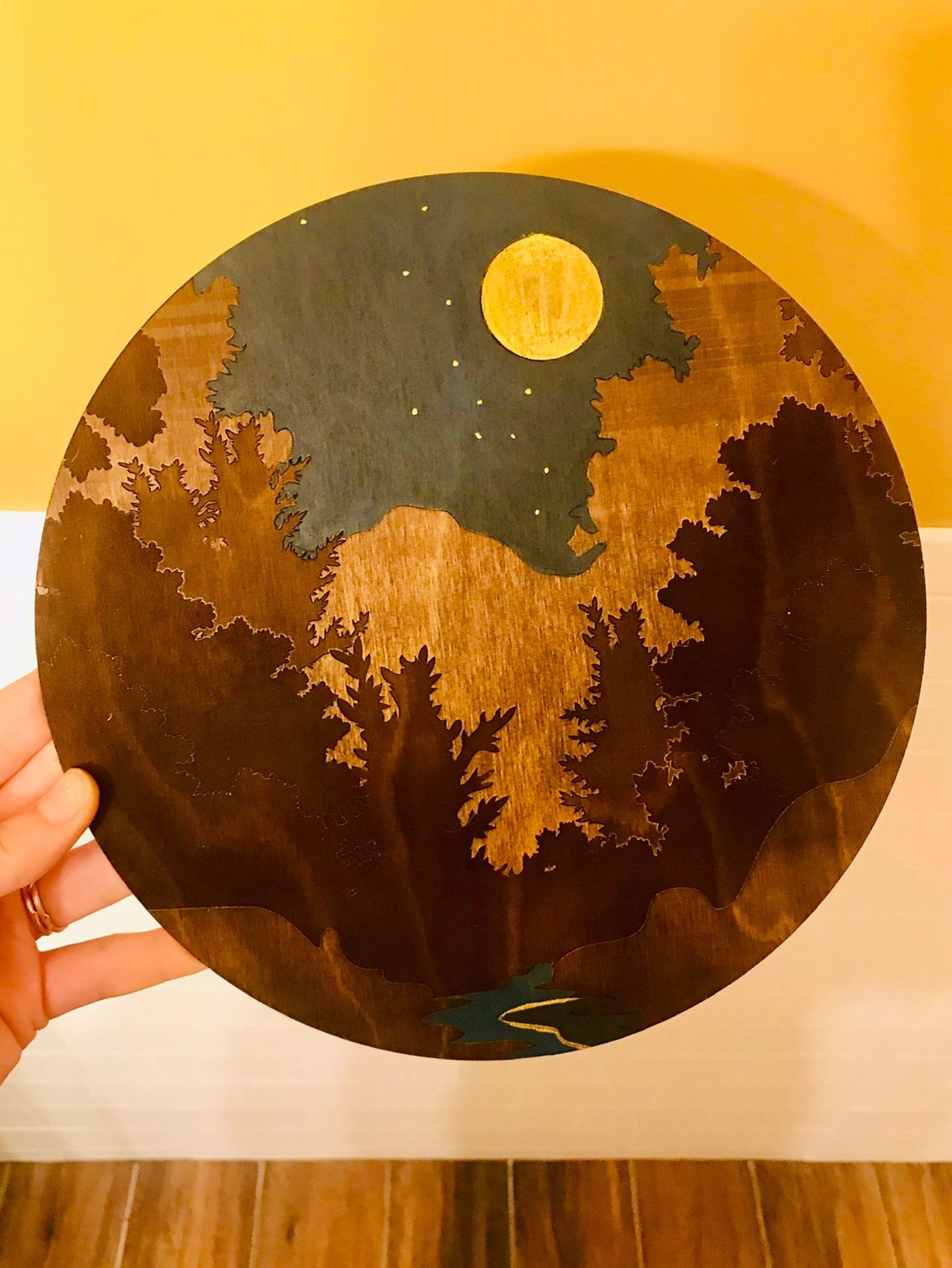 Night Sky with Golden Moon Over Forest Wall Art - Faux Theory Design