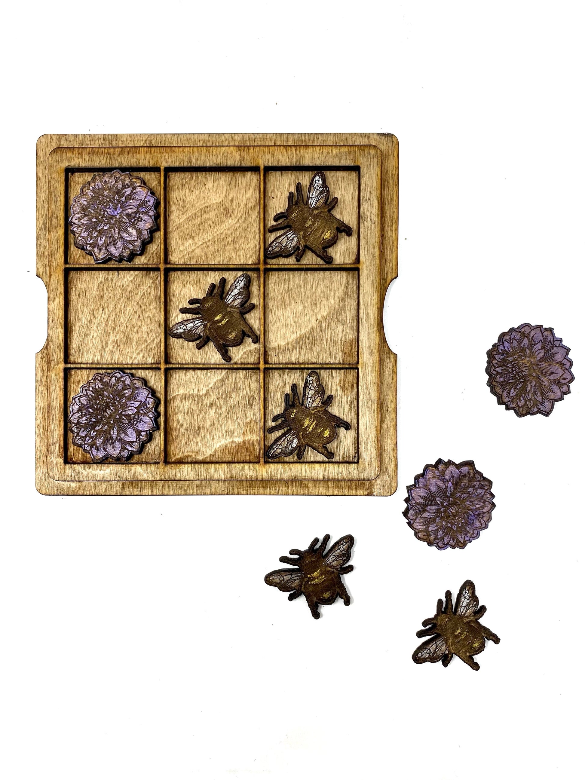 Bees and Dahlia Flowers | Wooden Tic-Tac-Toe Game - Faux Theory Design