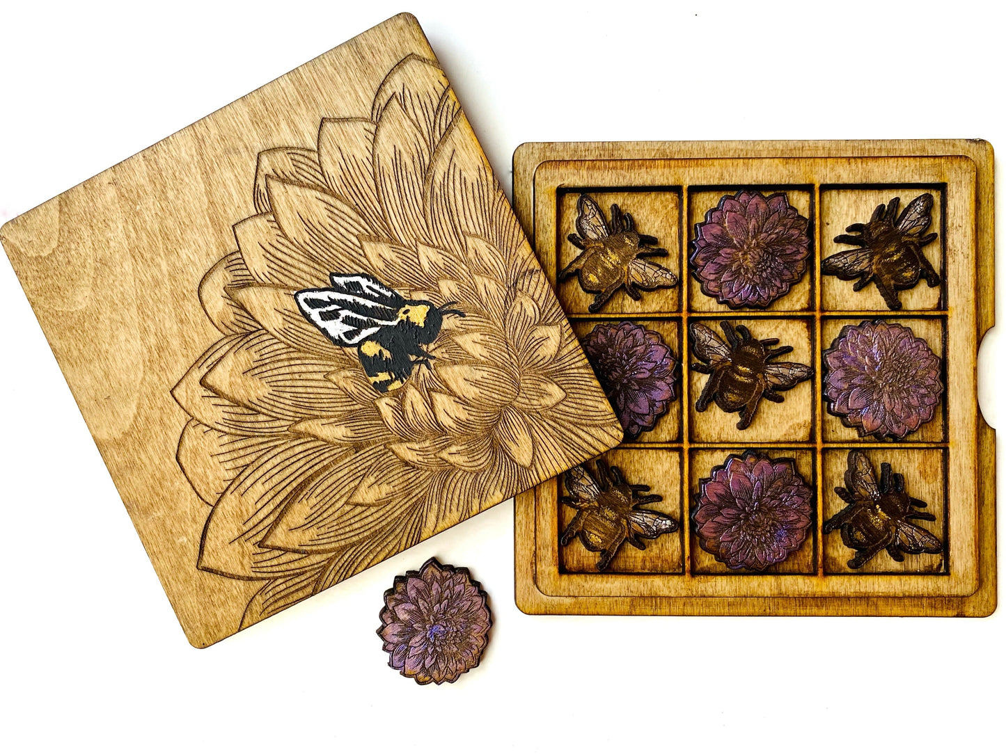 Bees and Dahlia Flowers | Wooden Tic-Tac-Toe Game - Faux Theory Design