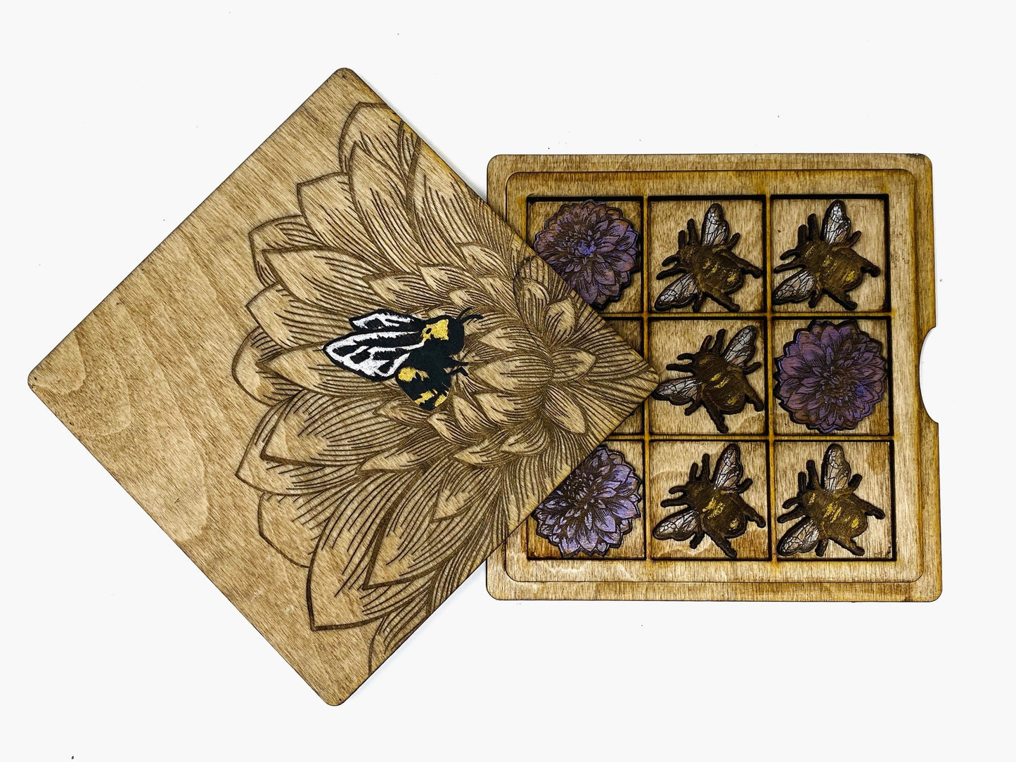 Bees and Dahlia Flowers | Wooden Tic-Tac-Toe Game - Faux Theory Design