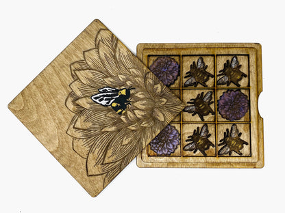 Bees and Dahlia Flowers | Wooden Tic-Tac-Toe Game - Faux Theory Design