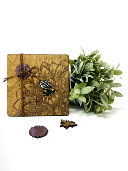 Bees and Dahlia Flowers | Wooden Tic-Tac-Toe Game - Faux Theory Design