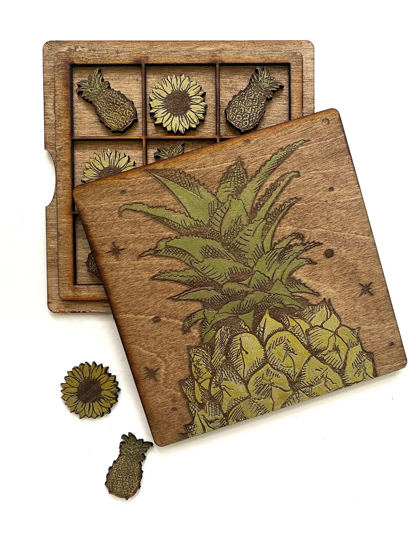 Pineapples and Sunflowers | Wooden Tic-Tac-Toe Game - Faux Theory Design