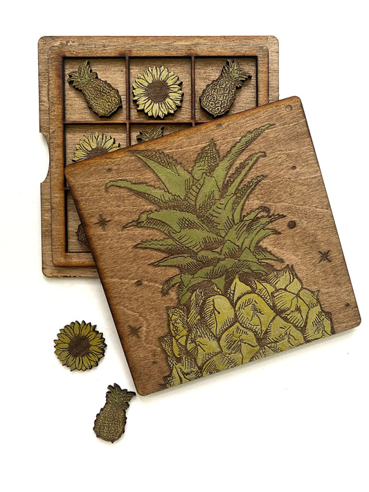 Pineapples and Sunflowers | Wooden Tic-Tac-Toe Game - Faux Theory Design