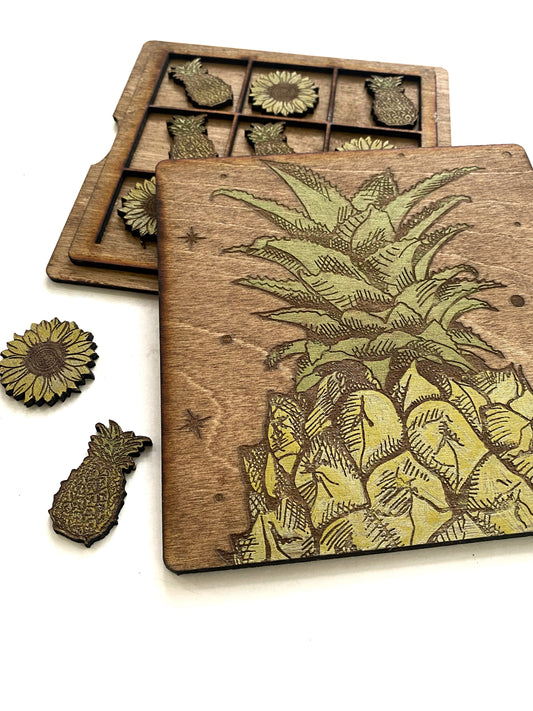 Pineapples and Sunflowers | Wooden Tic-Tac-Toe Game - Faux Theory Design