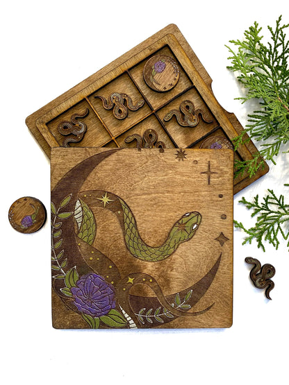 Snake and Moons | Wooden Tic-Tac-Toe Game - Faux Theory Design