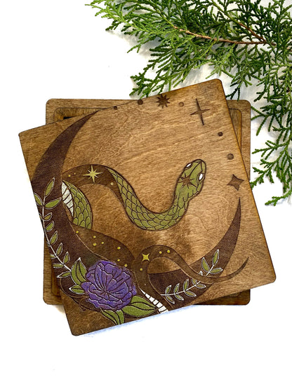 Snake and Moons | Wooden Tic-Tac-Toe Game - Faux Theory Design