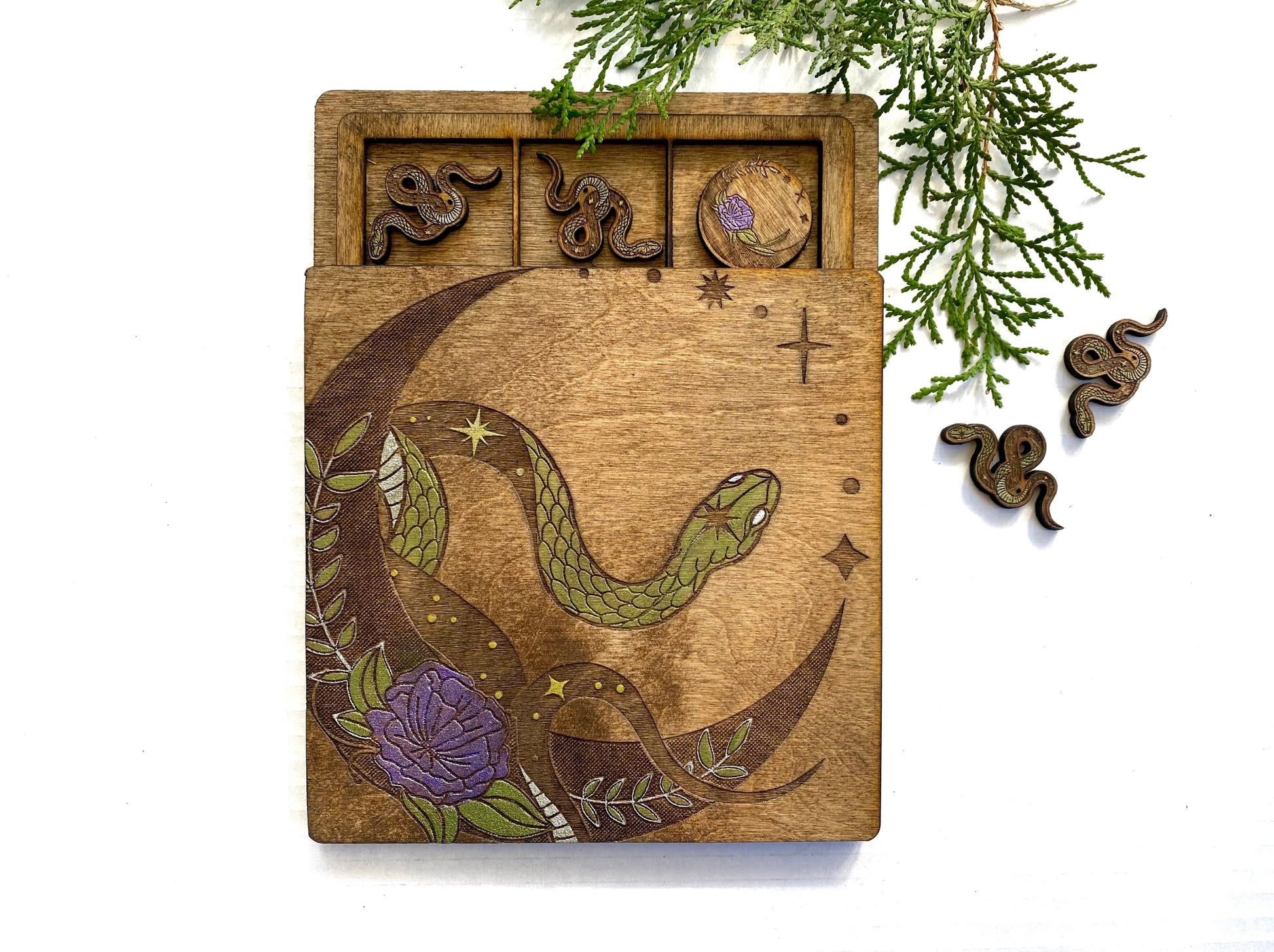 Snake and Moons | Wooden Tic-Tac-Toe Game - Faux Theory Design